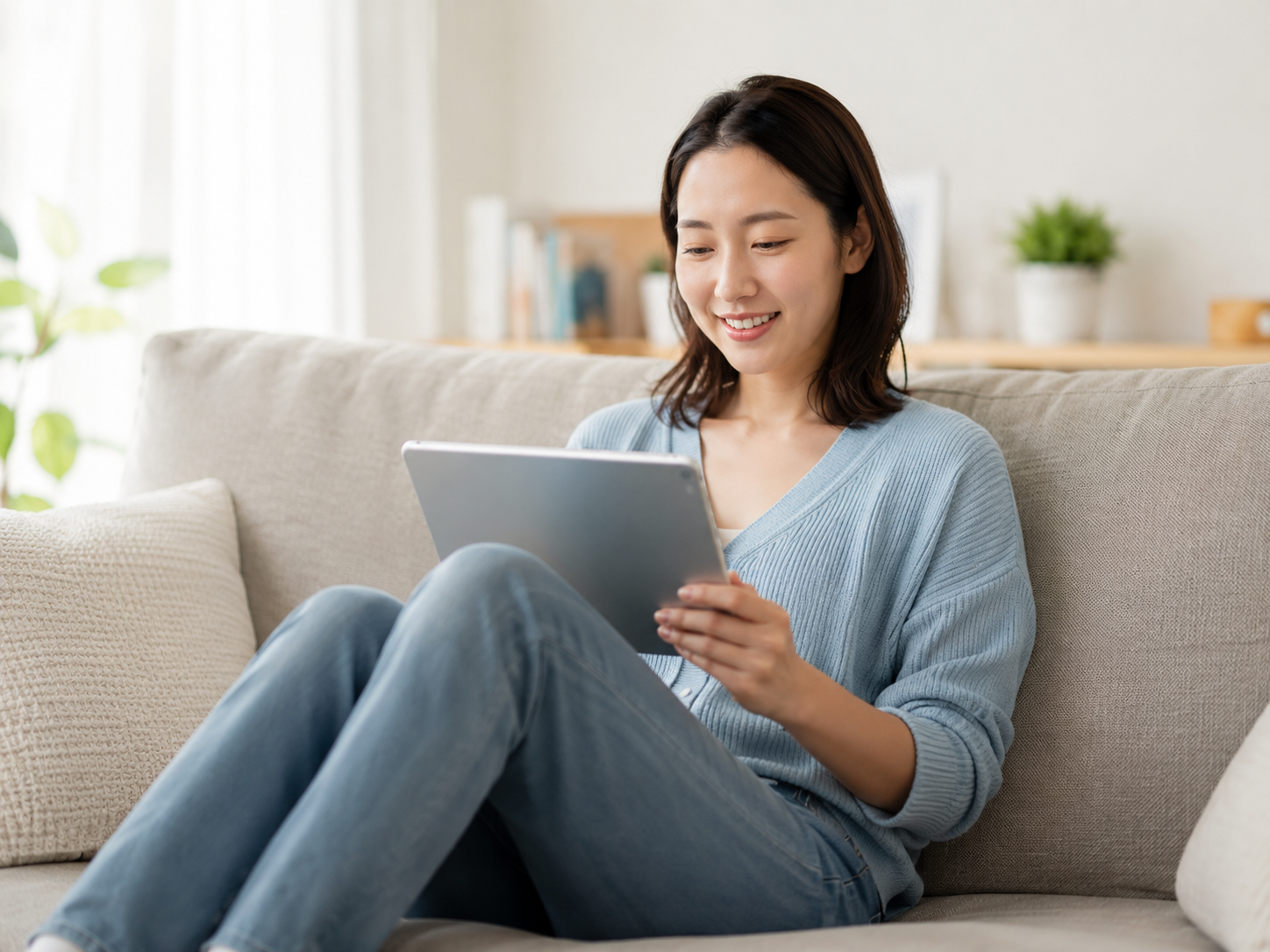 自宅で動画配信サービスを楽しむ女性